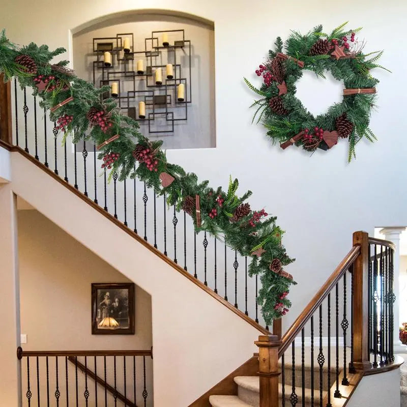 Christmas Door Stair Decor Star Pattern Twigs Pinecone Natural Garland