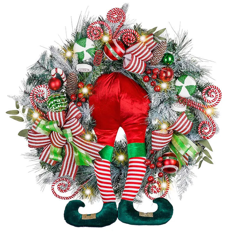 Big Size Delightful Elf Red Green White Lighted Christmas Wreath