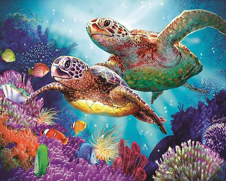 5D DIY Full Drill Square Round Diamond Painting Kit Fantasy,Animal Sea Turtle Diamond Embroidery Wall Painting Home Decor