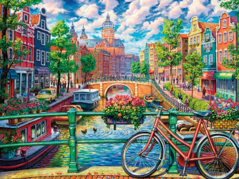 Diamond Painting Kit Amsterdam Canals - 5D DIY Diamond Set with Accessories - For Kids and Adults - 40x30 cm - 16x12 inch - Bicycle