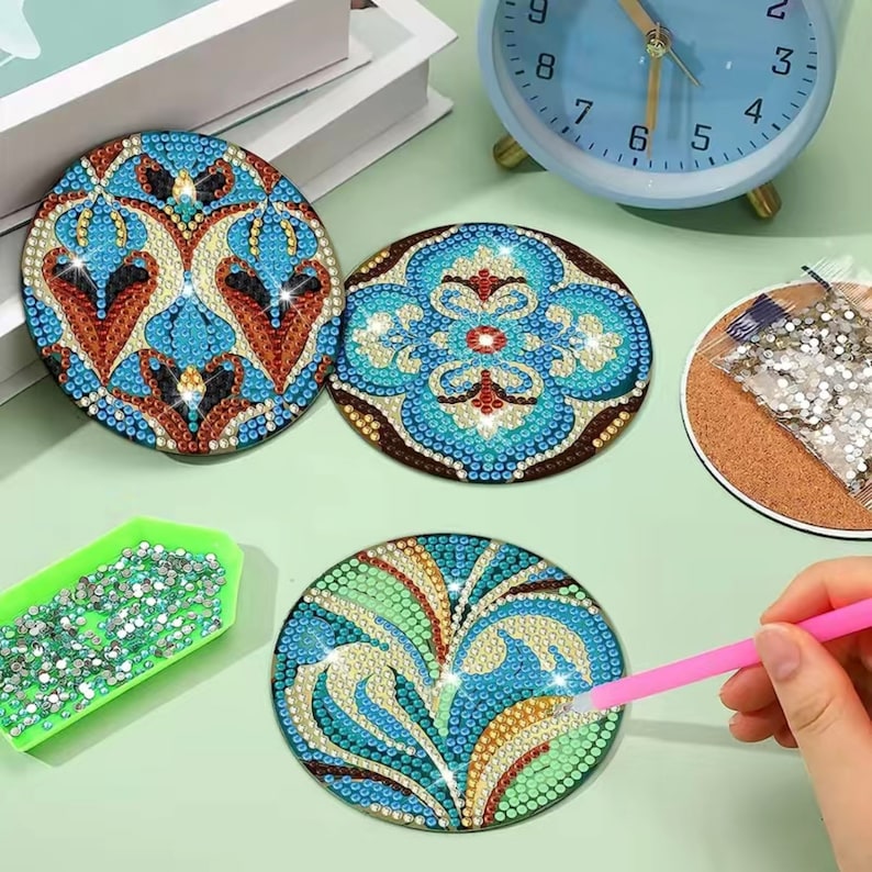 8 DIY Retro Mandela Coasters With Unique Designs, 5D Diamond Painting Kit, Tools and Rhinestones Included