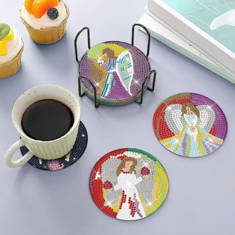 DIY 8 Guardian Angel Coasters, 5D Diamond Painting Kit, Tools and Rhinestones Included