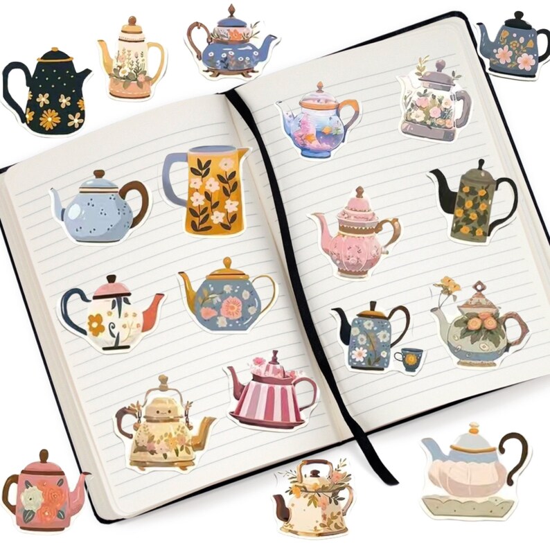 50 Charming Teapot Stickers With Flowers & Pastel Colors, High Quality PVC Decal Craft Stickers