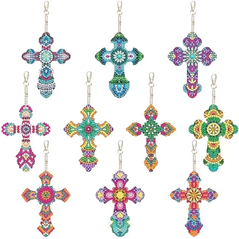 10 DIY Cross Keychains/Ornaments With Beautiful Colors & Patterns, 5D Diamond Painting Kit, Includes Tools and Rhinestones