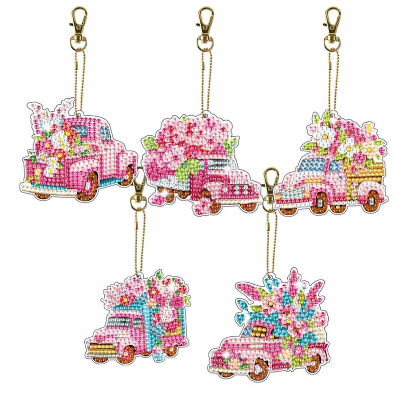 DIY 5 Farm Trucks Filled With Flowers, 5D Ornaments/Keychains Diamond Painting Kit, Includes Tools and Rhinestones