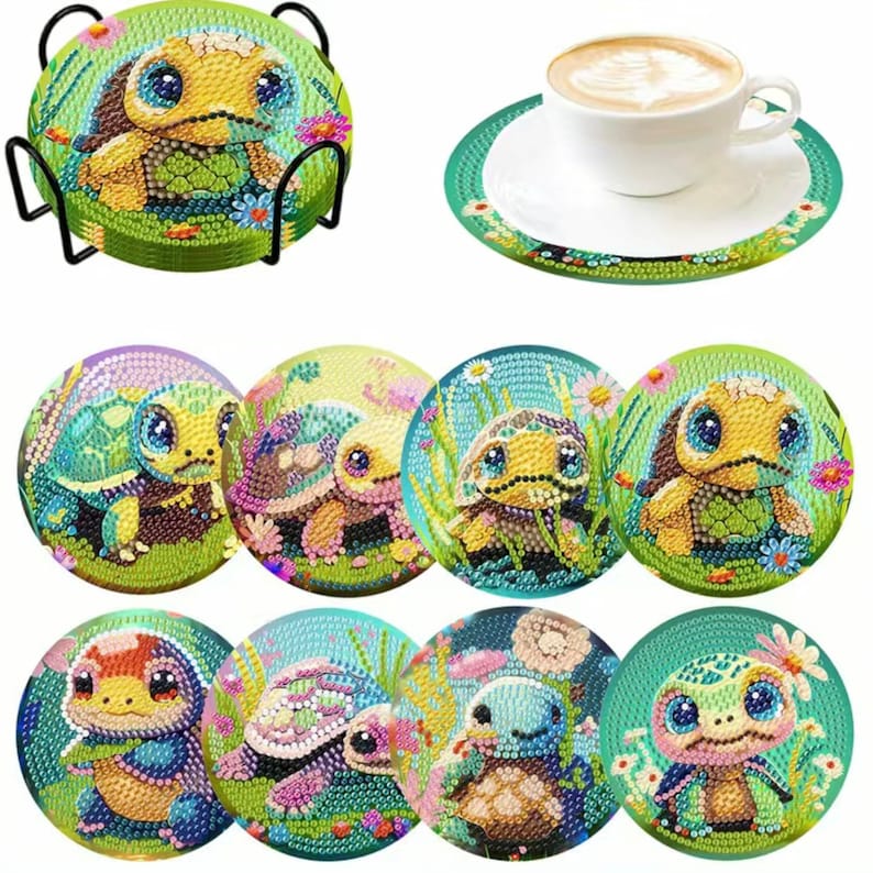 8 DIY Sweet Turtle Coasters, 5D Diamond Painting Kit, Tools and Rhinestones Included