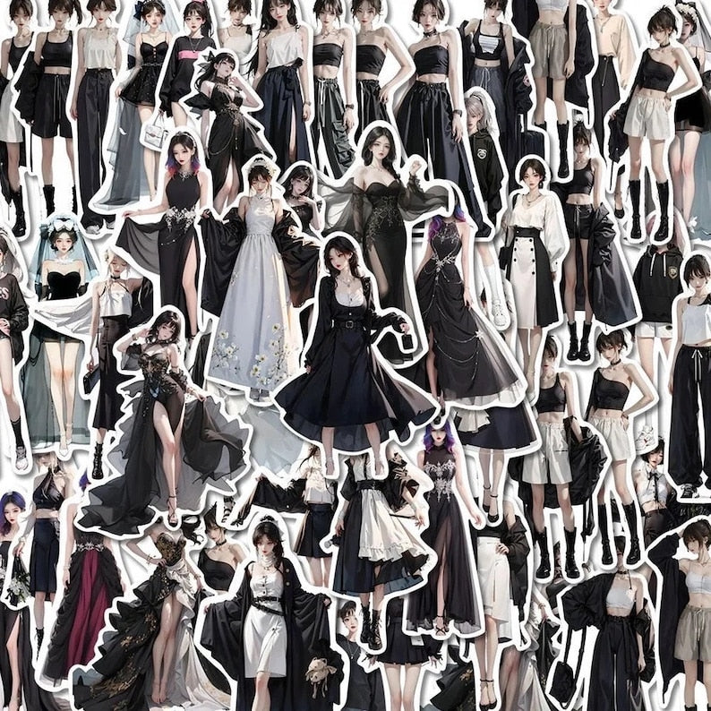 50 Asian Fashion Stickers, Girls In Elegant Gowns To Baggy Pants, High Quality Decal Craft Stickers