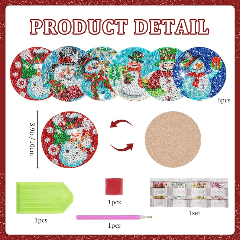 Christmas 6 PCS Diamond Painting Coasters Kits, DIY Snowman Diamond Art Coaster Kits with Holder, Diamond Dot Coasters Gifts for Adults