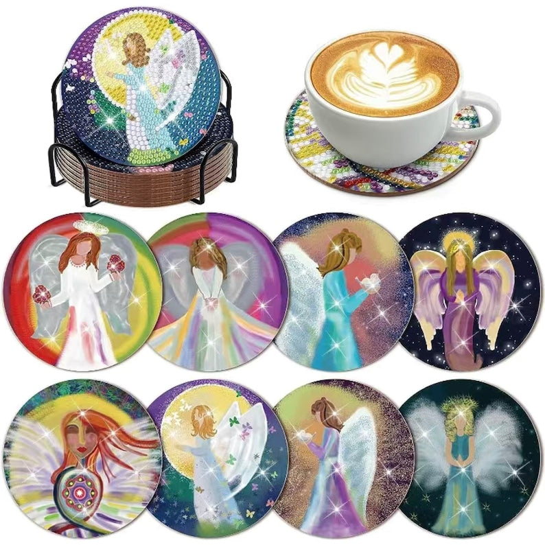 DIY 8 Guardian Angel Coasters, 5D Diamond Painting Kit, Tools and Rhinestones Included