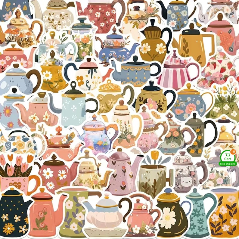 50 Charming Teapot Stickers With Flowers & Pastel Colors, High Quality PVC Decal Craft Stickers