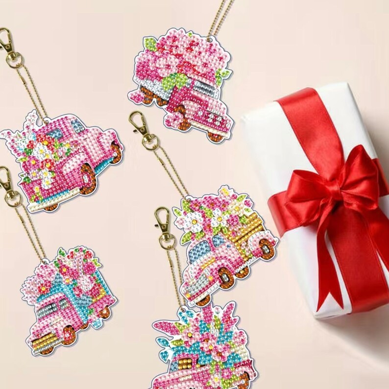 DIY 5 Farm Trucks Filled With Flowers, 5D Ornaments/Keychains Diamond Painting Kit, Includes Tools and Rhinestones