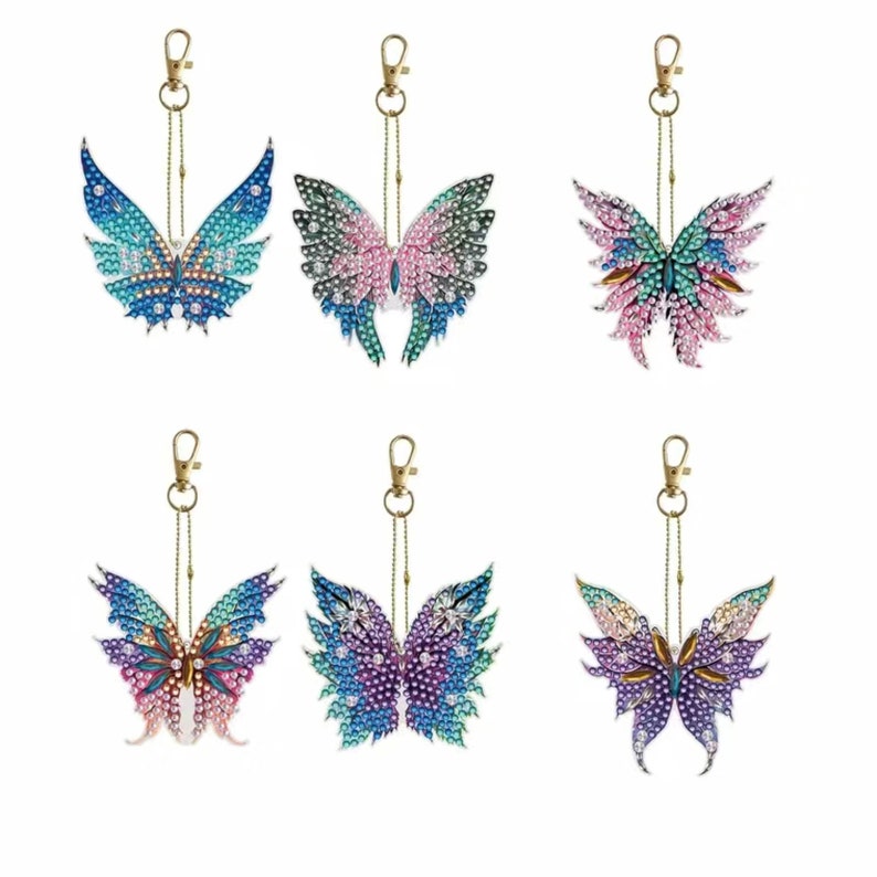 Decorate 6 Stunning Butterfly Keychains/Ornaments Yourself, 5D Diamond Painting Kit, Includes Tools and Rhinestones