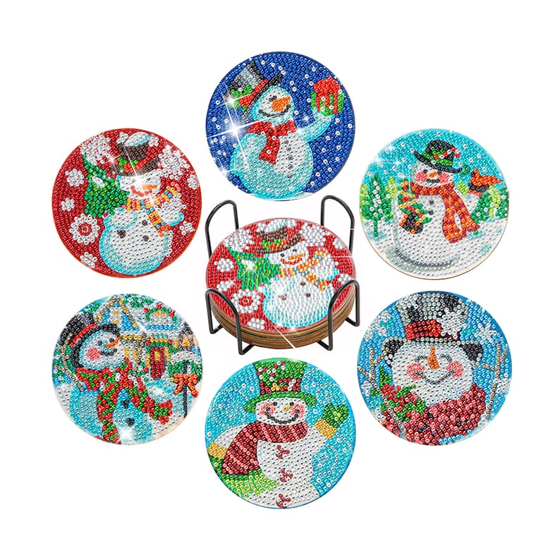 Christmas 6 PCS Diamond Painting Coasters Kits, DIY Snowman Diamond Art Coaster Kits with Holder, Diamond Dot Coasters Gifts for Adults