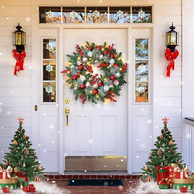 Red Silver Theme Luxury Christmas Wreath with LED Lights