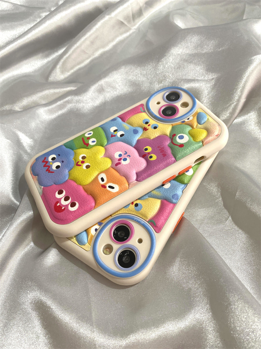 Printed embossed leather pattern colorful cute little monster phone case