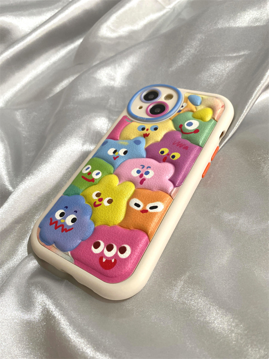 Printed embossed leather pattern colorful cute little monster phone case