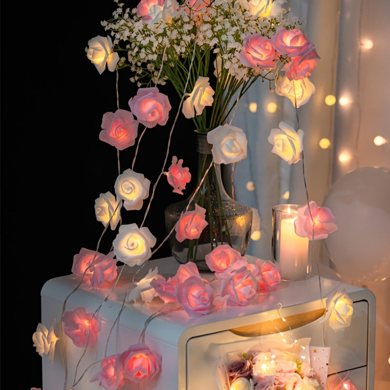 1pc LED Foam Rose Flower String Light, Small Lantern, Powered By Battery Box, Festive Decoration