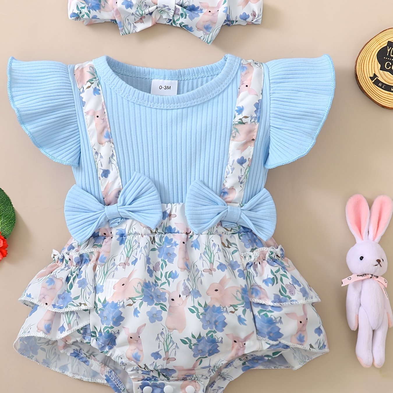 Girls Easter Rabbit Print Mesh Romper + Headband Set, Bodysuit Onesie, Baby Clothes