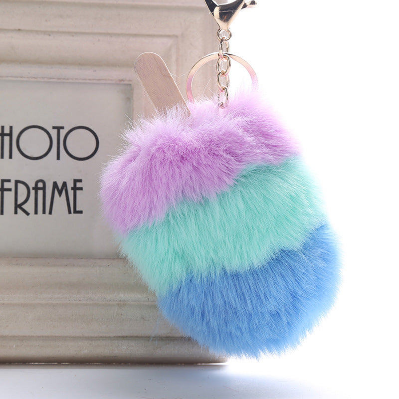 Fur Pom Pom  Keychain Ice Cream Bag Purse Charm Yummy Metal Ring Fluffy Fur Ball Food Fashion Gift Charm