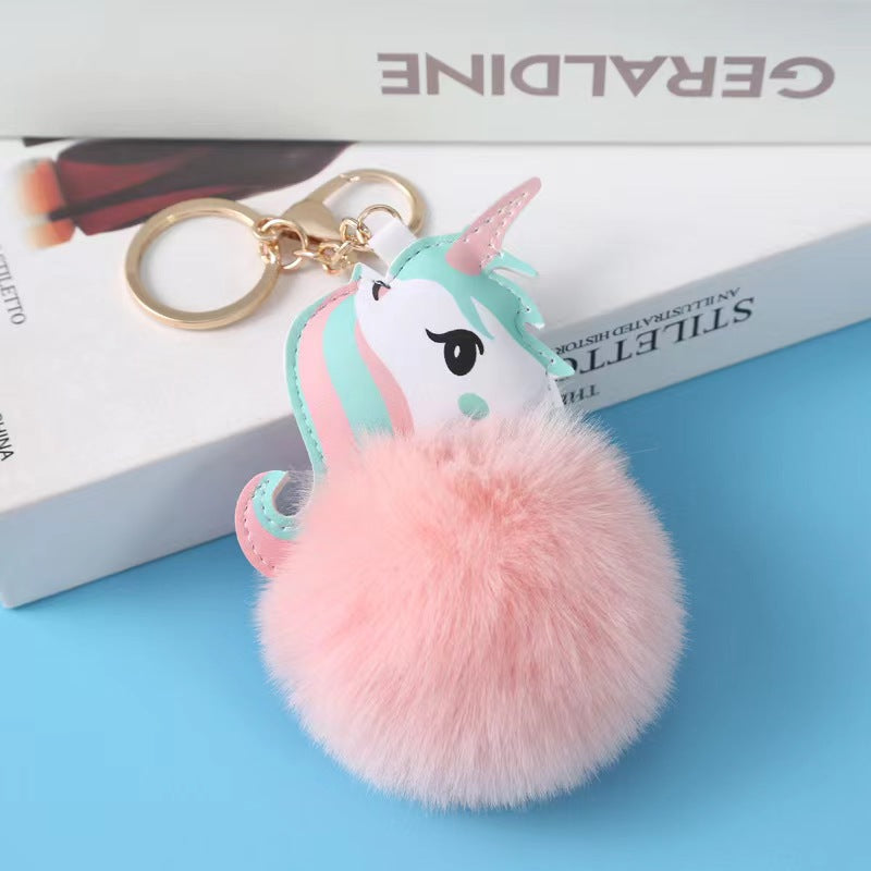 Pu Colorful Unicorn Fur Ball Keychain Bag Pendant Cute Women Girls Accessories Gift