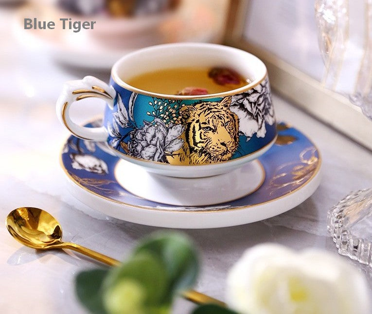 Creative Ceramic Tea Cups and Saucers, Jungle Tiger Cheetah Porcelain Coffee Cups, Unique Ceramic Cups with Gold Trim and Gift Box