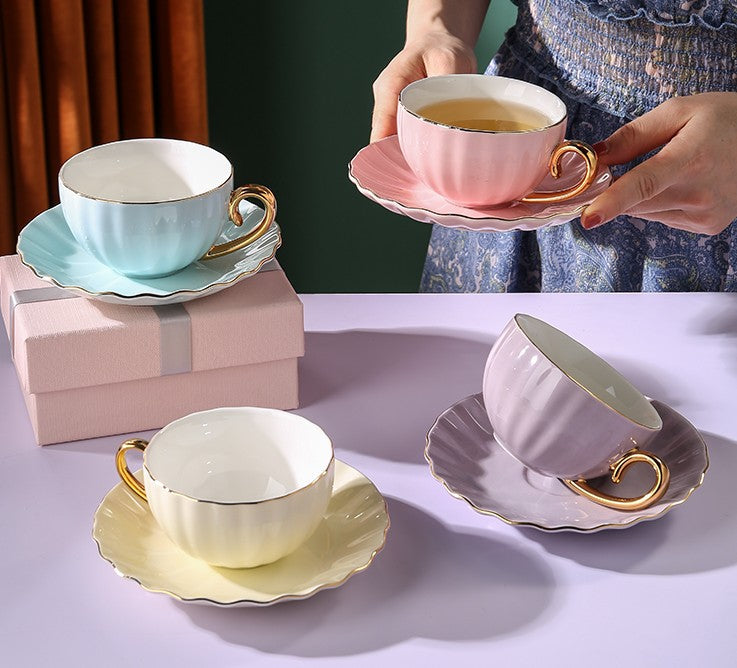 Elegant Macaroon Ceramic Coffee Cups, Beautiful British Tea Cups, Creative Bone China Porcelain Tea Cup Set, Unique Tea Cups and Saucers in Gift Box as Birthday Gift