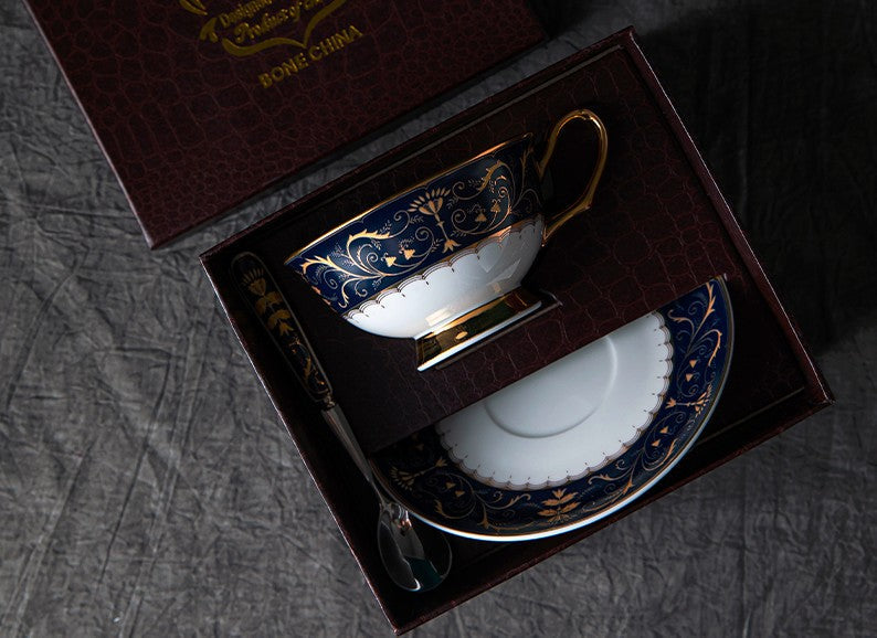 Bone China Porcelain Tea Cup Set, Unique Blue Tea Cup and Saucer in Gift Box, Royal Ceramic Cups, Elegant Ceramic Coffee Cups