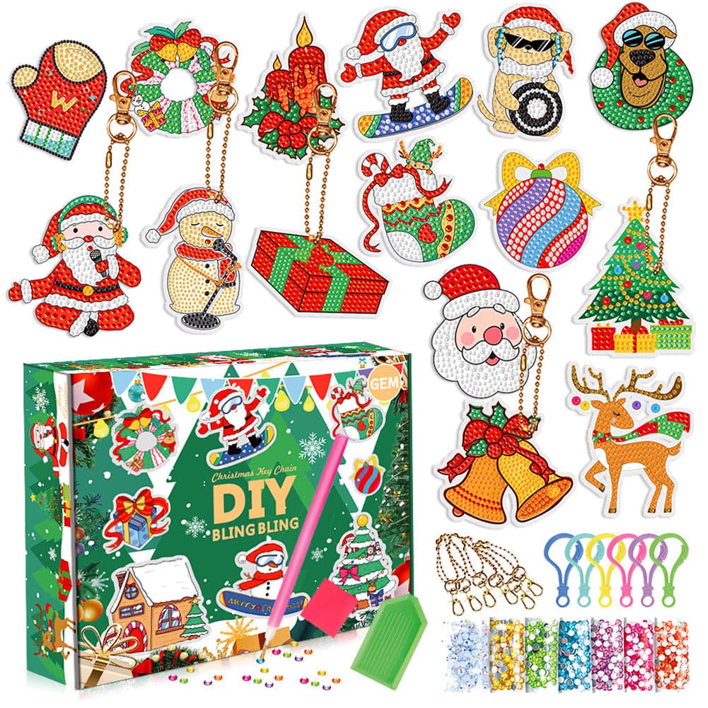 15pcs DIY Christmas Box Acrylic Diamond Painting Keychain Kits ktclubs.com