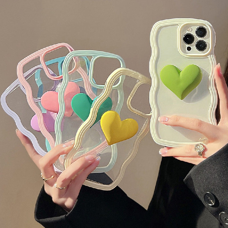 Colorful Wave Edge Phone Case With  3D Heart Pattern