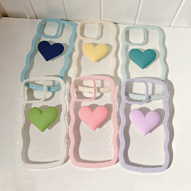 Colorful Wave Edge Phone Case With  3D Heart Pattern