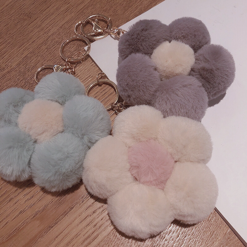 Flower Keychain Plush Flowers Faux Fur Keyring Pom Pom Keychain