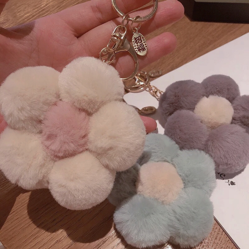 Flower Keychain Plush Flowers Faux Fur Keyring Pom Pom Keychain