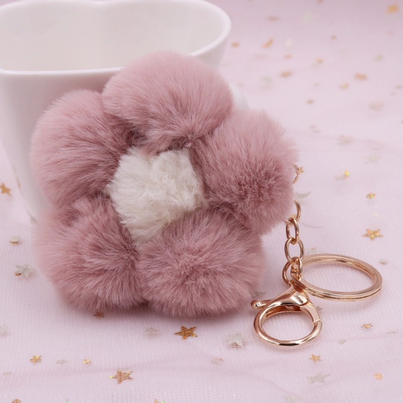 Flower Keychain Plush Flowers Faux Fur Keyring Pom Pom Keychain