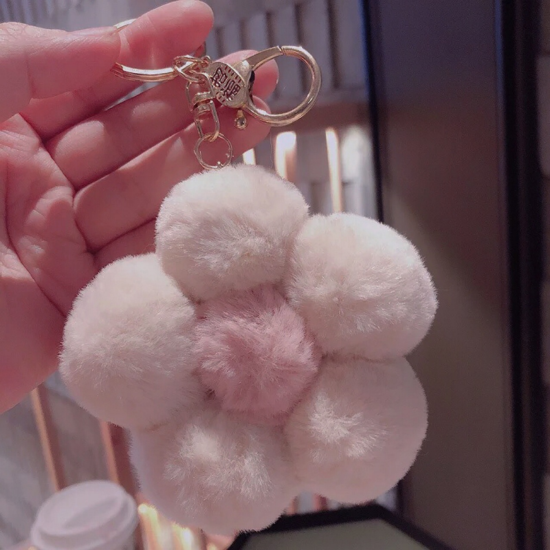 Flower Keychain Plush Flowers Faux Fur Keyring Pom Pom Keychain