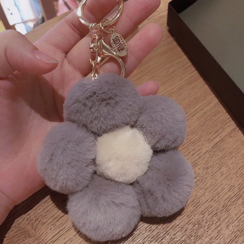 Flower Keychain Plush Flowers Faux Fur Keyring Pom Pom Keychain