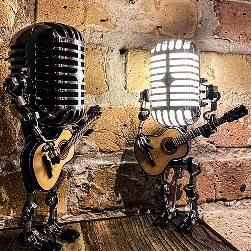 1pc Vintage Microphone Robot Desk Lamp, Metal Microphone Robot Lamp With Mini Guitar, Robot Touch Dimmer Lamp, Vintage Light Home Decor Nightstand Desk Lamp For Bedroom, Bar, Restaurant