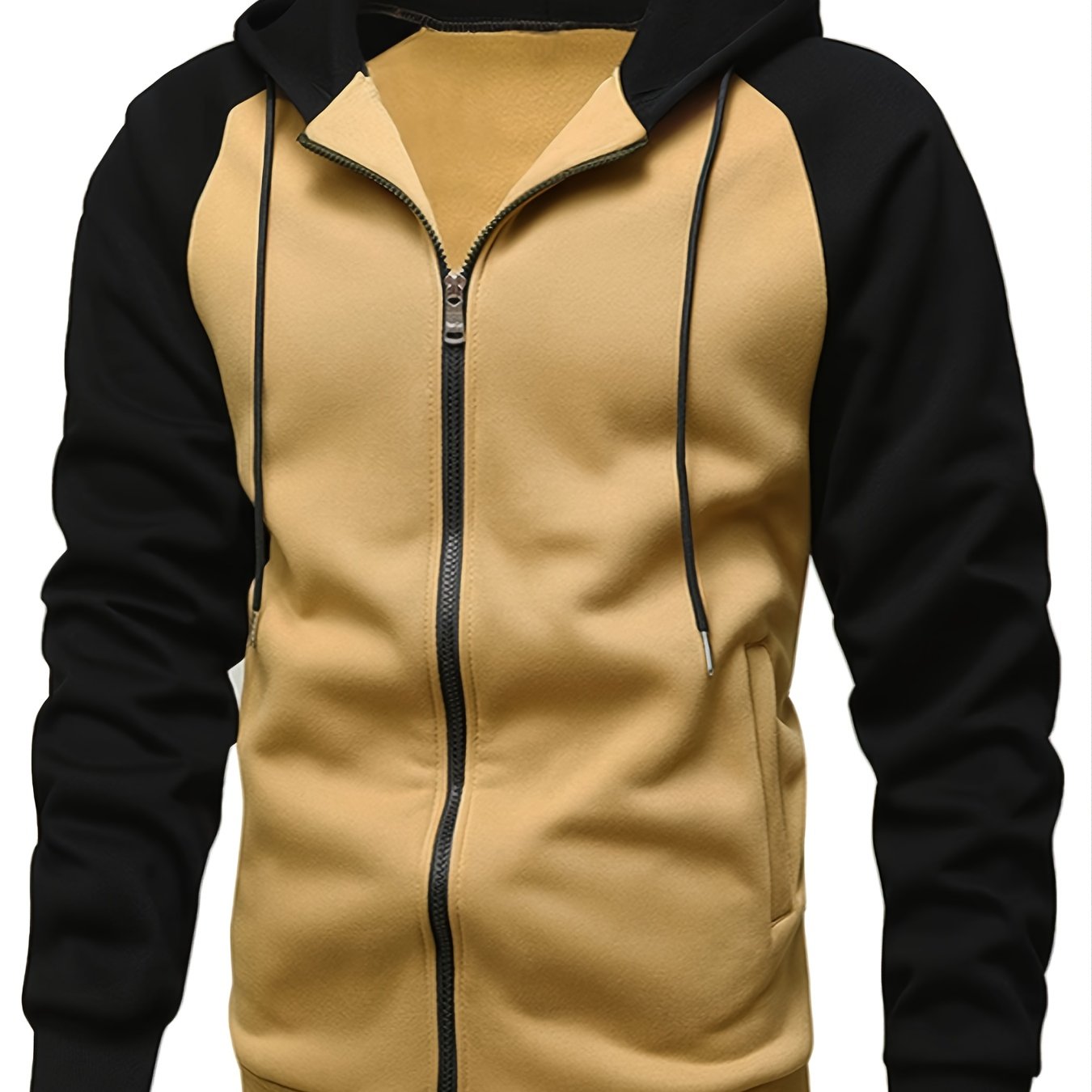 Fall/Winter Men's Colorblock Raglan Sleeve Zip Up Drawstring Hoodie