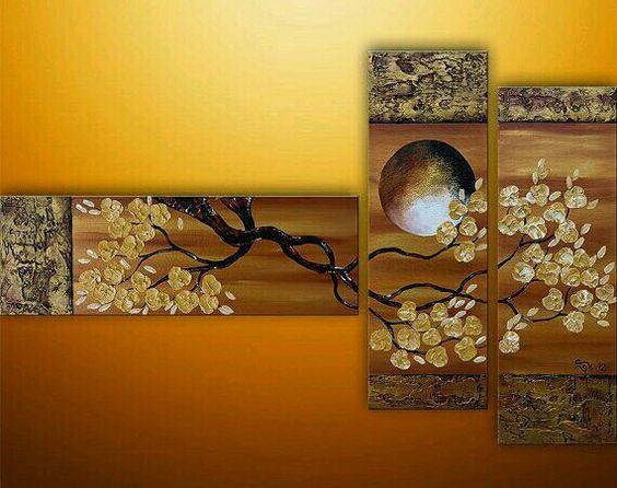 Flower and Moon Painting, Bedroom Wall Art, Abstract Painting, Acrylic Art, 3 Piece Wall Art