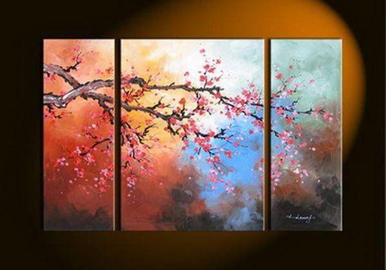 Plum Tree Flower Painting, Bedroom Wall Art Paintings, Living Room Wall Art Ideas, 3 Piece Canvas Art, Flower Acrylic Paintings