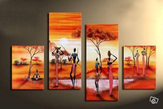 African Woman Painting, 4 Piece Canvas Art, Landscape Canvas Paintings, Hand Painted Canvas Art, Oil Painting for Sale