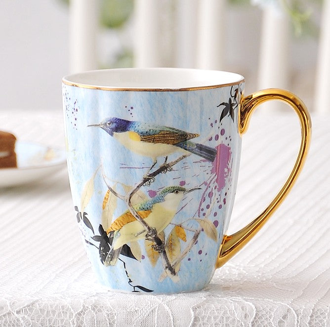 Large Creative Bone China Porcelain Mug, Elegant Blue Ceramic Coffee Mug, Beautiful Bird Flower Ceramic Mug, Large Capacity Ceramic Mugs for Office