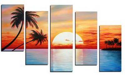 5 Piece Canvas Painting, Beach Palm Tree Sunset Painting, Landscape Canvas Painting, Acrylic Painting for Living Room