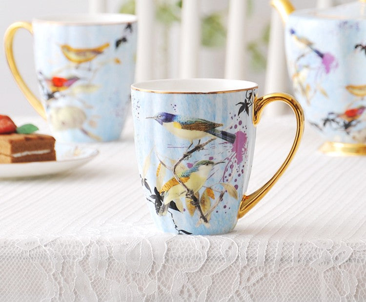 Large Creative Bone China Porcelain Mug, Elegant Blue Ceramic Coffee Mug, Beautiful Bird Flower Ceramic Mug, Large Capacity Ceramic Mugs for Office