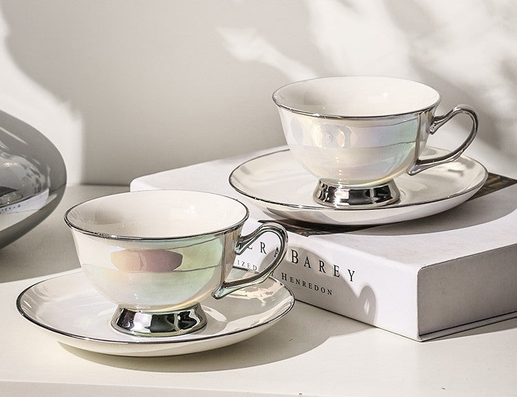 Silver Bone China Porcelain Tea Cup Set, Elegant Ceramic Coffee Cups, Beautiful British Tea Cups, Tea Cups and Saucers in Gift Box as Birthday Gift