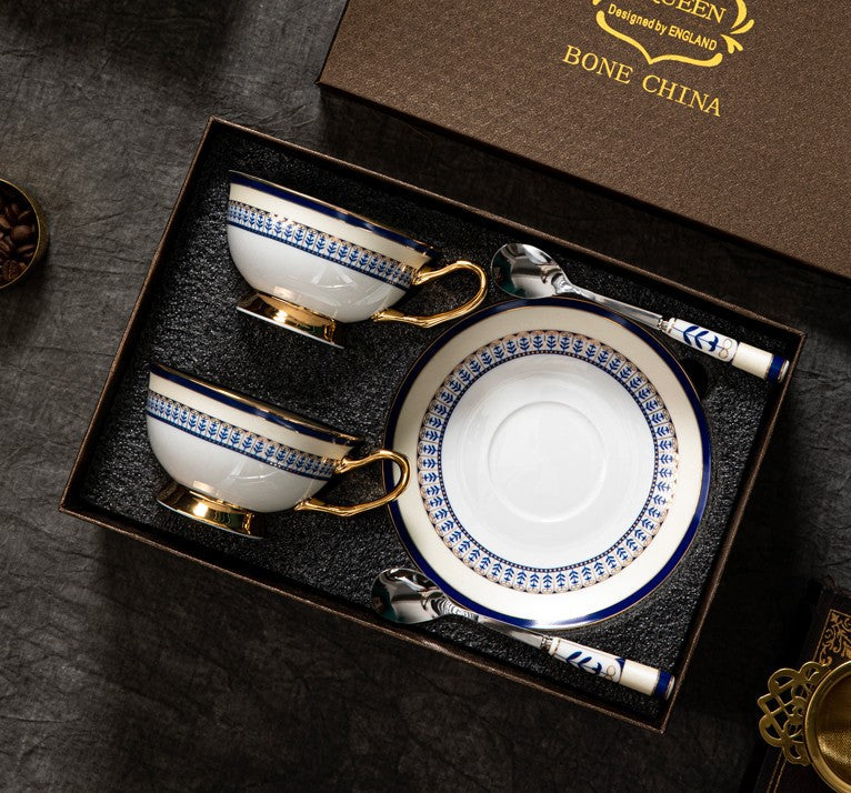 Blue Bone China Porcelain Tea Cup Set, Elegant British Ceramic Coffee Cups, Unique British Tea Cup and Saucer in Gift Box