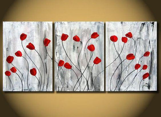 Red Poppy Flower Paintings, Acrylic Flower Painting, 3 Piece Painting, Modern Wall Art Painting