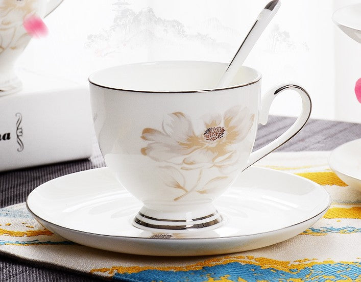 Elegant Flower Pattern Ceramic Coffee Cups, Beautiful British Tea Cups, Unique Porcelain Cup and Saucer, Creative Bone China Porcelain Tea Cup Set