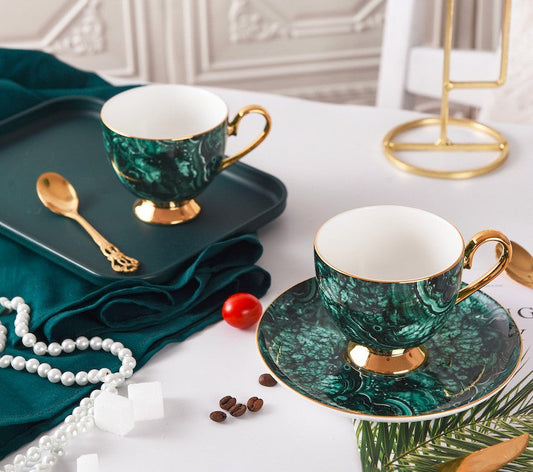 Beautiful British Green Tea Cups, Unique Porcelain Cup and Saucer, Royal Ceramic Coffee Cups, Creative Bone China Porcelain Tea Cup Set