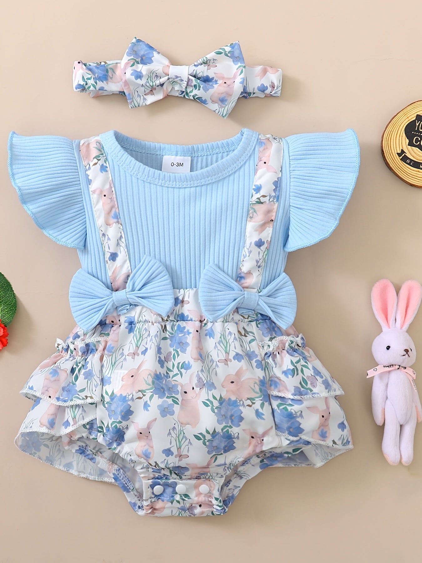 Girls Easter Rabbit Print Mesh Romper + Headband Set, Bodysuit Onesie, Baby Clothes