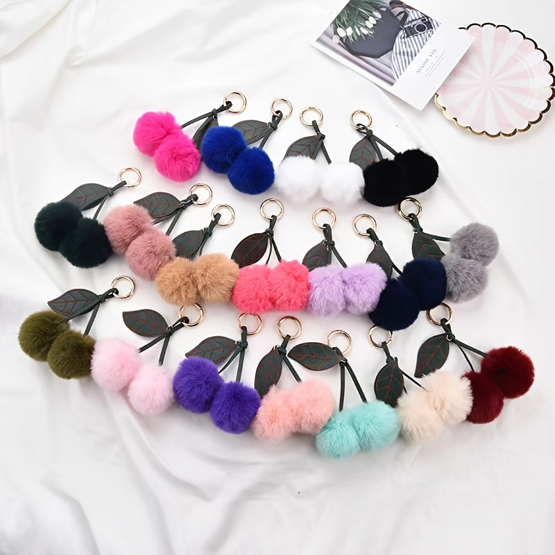 1pc Cute Fluffy Artificial Rabbit Fur Ball Pompom Leaf Keychain